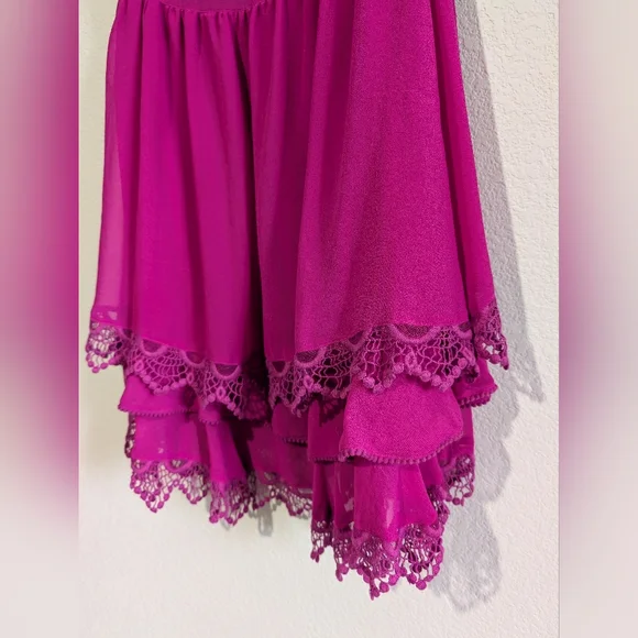 Free People Berry Fuchsia Crochet Lace Mini Dress Layered Hem Swing Dress 10 - Picture 7 of 15